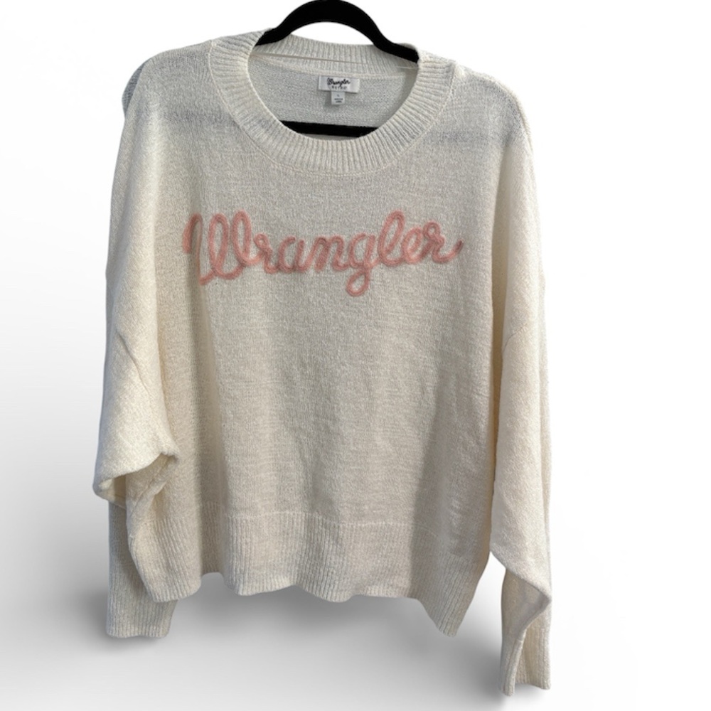 Wrangler Retro Women Large‎ Cream Pink Logo Lightweight Sheer Sweater Western